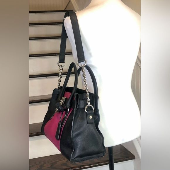 MICHAEL KORS Fuchsia & Black Saffiano Leather Satchel w Silver Chain Crossbody - Picture 5 of 17
